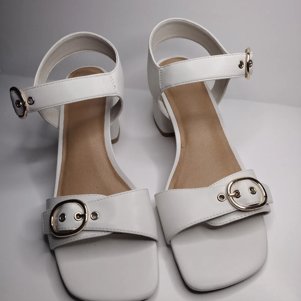 MADDEN NYC White Cream Open Toe Buckle Ankle Strap Heel Sandal Shoes - Picture 2 of 6